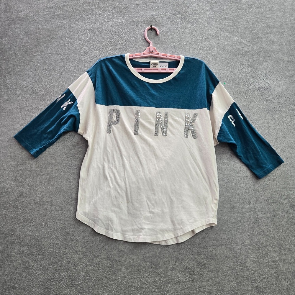 PINK Victoria's Secret Women Top Medium Blue Sequin Shirt Colorblock 3/4 Sleeve
